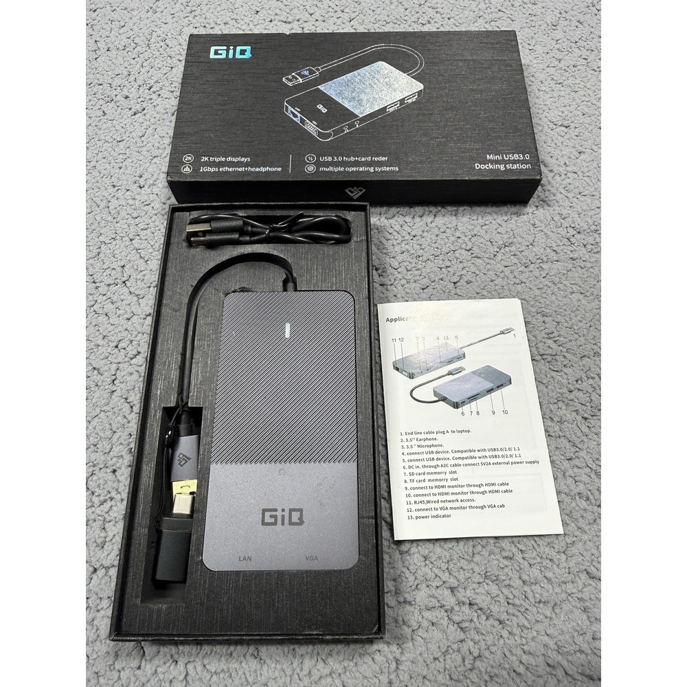 GiQ USB 3.0 Docking Station 2K‎ Triple Display HDMI VGA LAN Gray SD Card